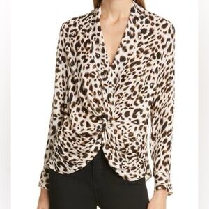 L’AGENCE Silk Leopard Print Twist Front Long Sleeve Blouse Size M
